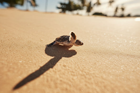 Small turtle on sandy beach with trees in the background