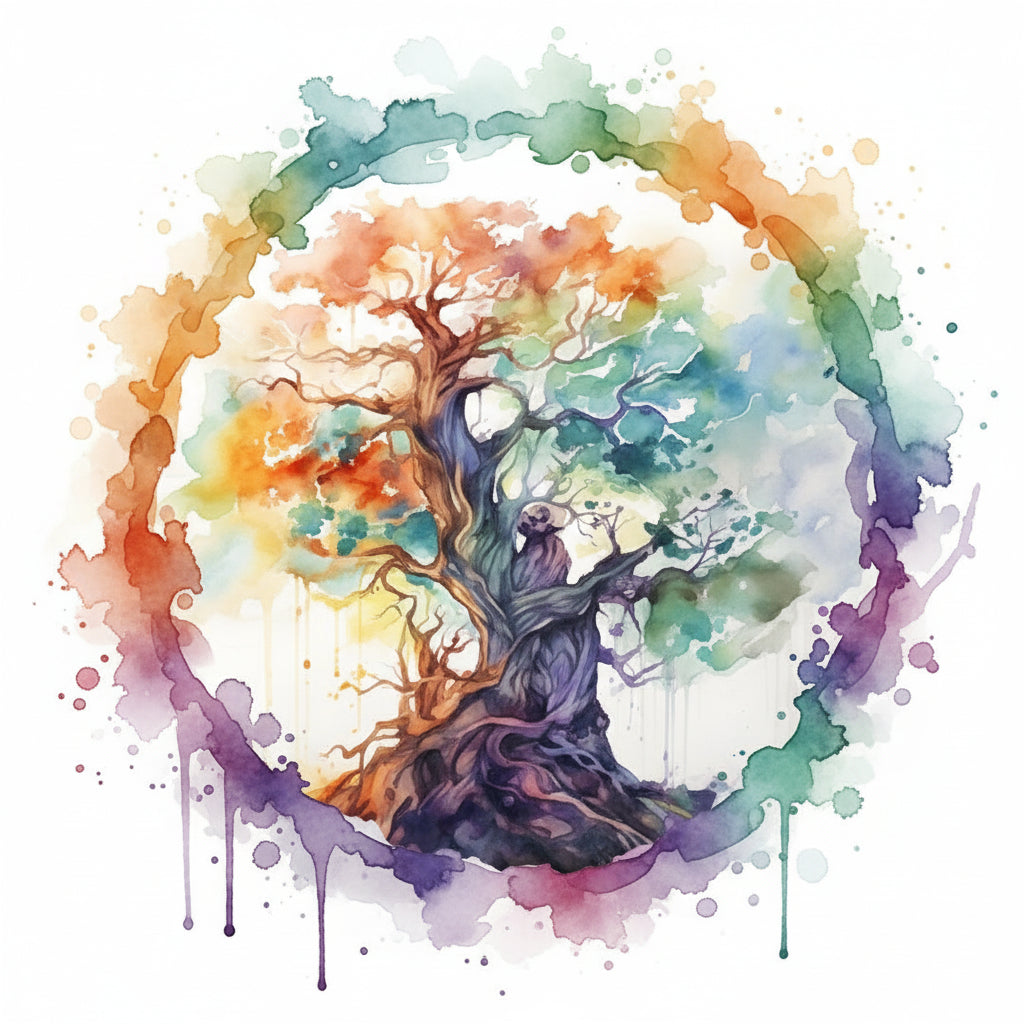 Colorful tree painting on a white background